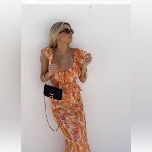 ZARA RUFFLED MIDI DRESS LINEN V-NECK SLEEVELESS NEW SS23 size L REF. 2731/245